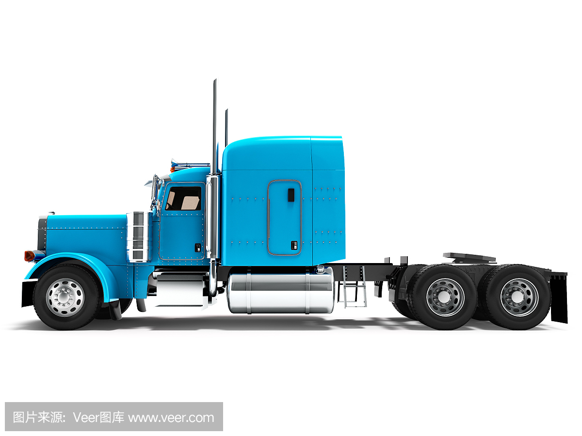 现代卡车拖拉机货物运输三轴无拖车蓝色侧视图3d渲染在白色背景与阴影